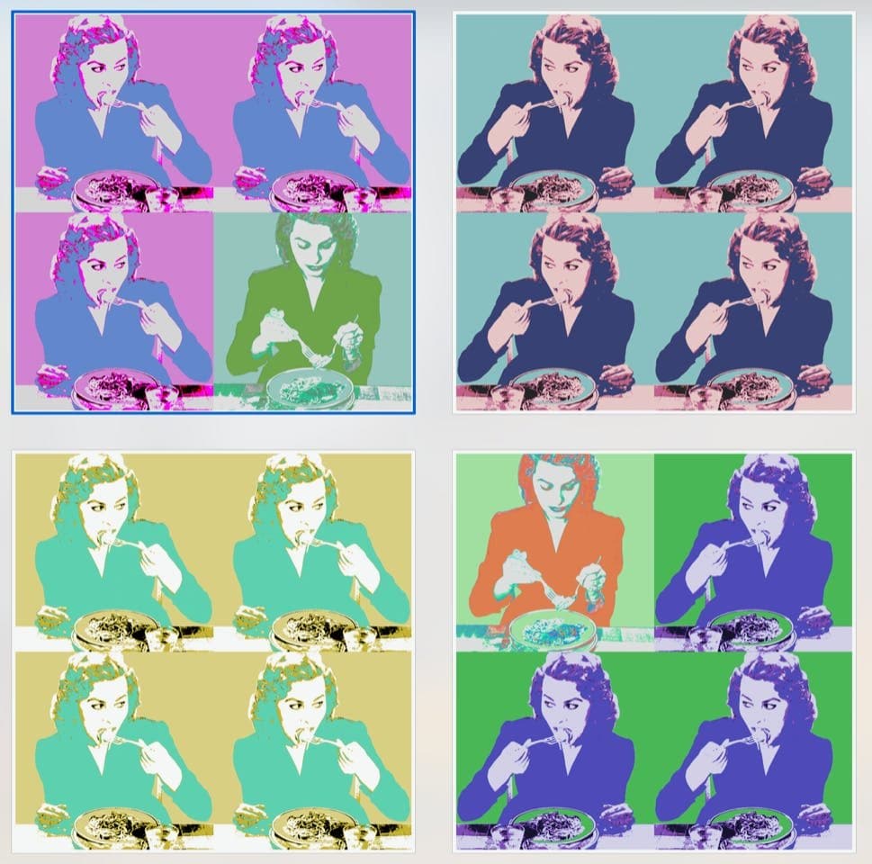 Pop-art portrait piece, “Everything you see I owe to Spaghetti”, hanging next to the pizza bar